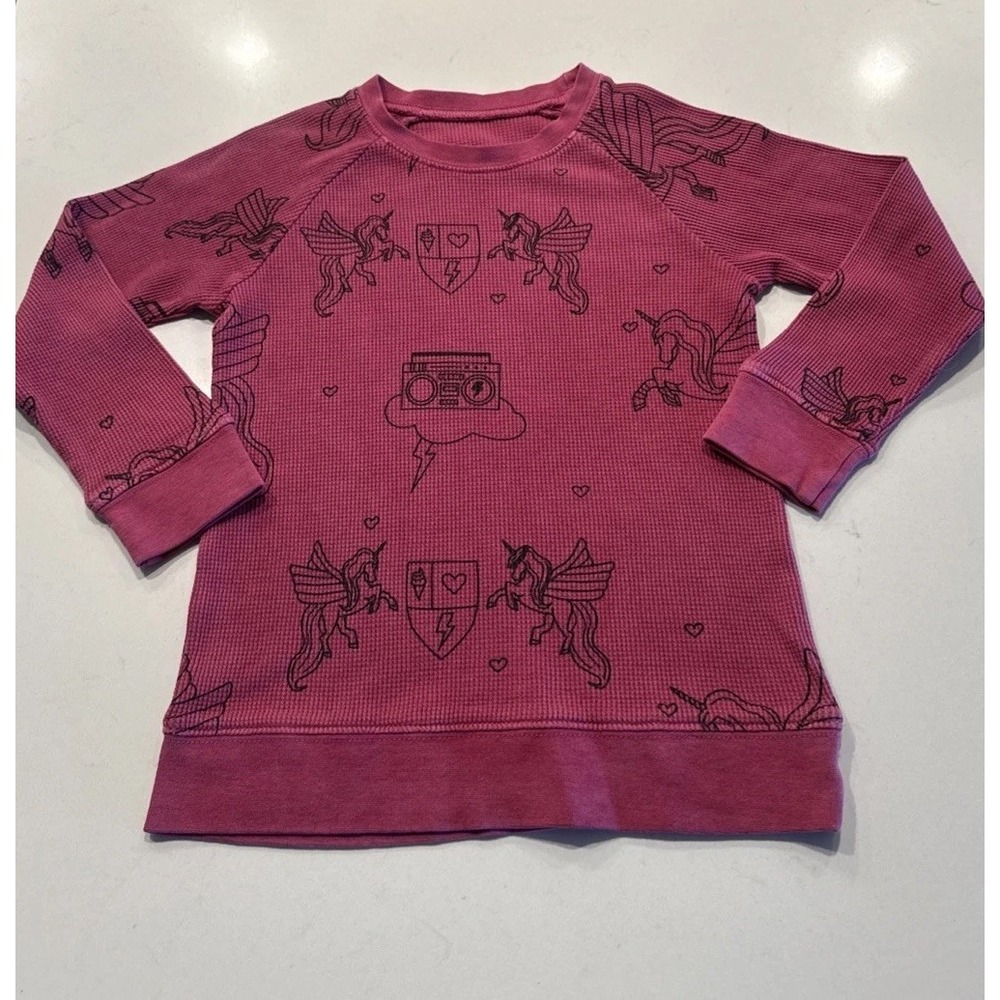 Unbranded Girls Pink Black Unicorn‎ Boombox Heart Thermal Long Sleeve Top Retro